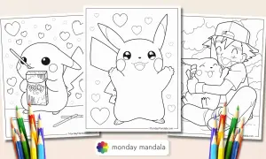 Pikachu kolorowanka: wesoły Pikachu z pudełkiem Pocky, sam Pikachu otoczony serduszkami i Ash przytulający Pikachu.