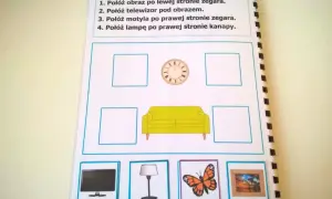 Ćwiczenie na wyobraźnię przestrzenną: umieść obraz, telewizor, motyla i lampę zgodnie z instrukcją.