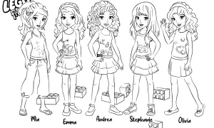 Kolorowanki Lego Friends: Mia, Emma, Andrea, Stephanie i Olivia czekają na Twoje kredki!