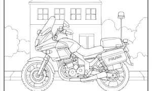 Policyjny motor czeka na pokolorowanie. Ta motor kolorowanka przedstawia motocykl z napisem POLICJA, gotowy do akcji.