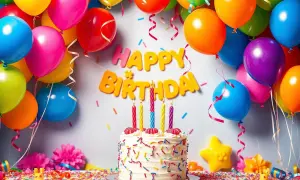 Kolorowe balony, tort i napis "Happy Birthday" tworzą radosną atmosferę. Idealne tło do stworzenia darmowych zaproszeń urodzinowych online.