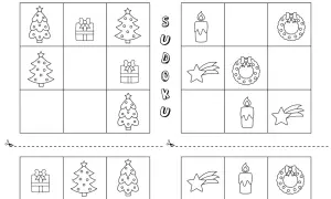 Świąteczne zadania dla dzieci: sudoku z choinkami, prezentami, świecami, gwiazdkami i wiankami.