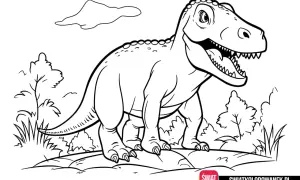 Dinozaur kolorowanka. Uśmiechnięty T-Rex czeka na Twoje kredki, by ożywić prehistoryczny świat.