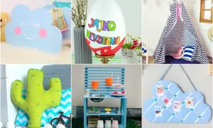 Kreatywne pomysły na prezent DIY: chmurka-półka, pisanka, tipi, poduszka kaktus, kuchnia dla dzieci, chmurka-tablica.