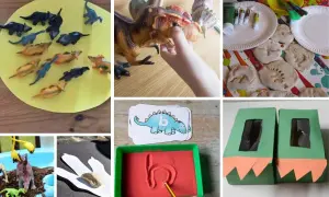 Pomysły na dzień dinozaura: zabawy z figurkami, tworzenie odcisków łap w masie, pisanie liter w piasku, malowanie i tworzenie ozdób.