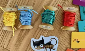 Kolorowe nici na szpulach i kotek w okularach - elementy gry 5+.