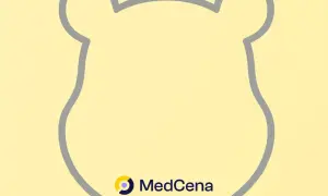 Jasne tło z konturem głowy Kubusia Puchatka. Logo MedCena.