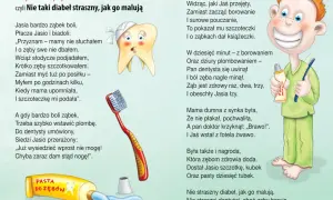 Ilustracja do wiersza o wizycie u dentysty, gdzie chłopiec Jasio uczy się o higienie zębów. Wiersz zawiera przysłowia dla dzieci.