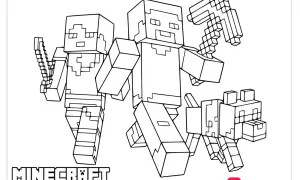 Kolorowanka Minecraft: Steve z mieczem, Alex z kilofem i piesek czekają na Twoje kredki.