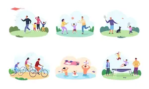 Różnorodne gry i zabawy na świeżym powietrzu dla młodzieży: puszczanie latawca, gra w piłkę, badminton, jazda na rowerze, kąpiel i skakanie na trampolinie.