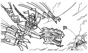 Ninjago kolorowanka: smok z wojownikiem na grzbiecie walczy z przeciwnikami na górze.