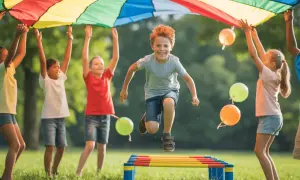 Radosne zabawy animacyjne dla dzieci przykłady: dzieci skaczą przez przeszkody pod kolorowym spadochronem, unosząc balony.