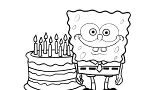 SpongeBob z uśmiechem przy wielowarstwowym torcie z zapalonymi świeczkami. To tort kolorowanka, idealny do ozdobienia!