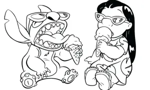 Lilo i Stich kolorowanka: Stich z lodami w wafelku i Lilo w okularach jedząca lody.