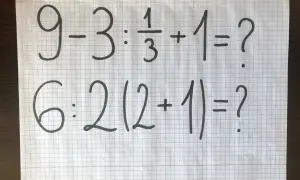Dwa trudne zadania matematyczne na kartce w kratkę: 9-3:1/3+1=? i 6:2(2+1)=?