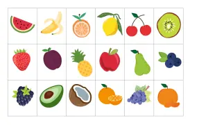 Kolorowe karty do gry memory z owocami: arbuz, banan, pomarańcza, cytryna, wiśnie, kiwi, truskawka, śliwka, ananas, jabłko, gruszka, borówki, jeżyna, awokado, kokos, mandarynka, winogrona.