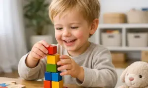 Uśmiechnięty chłopiec buduje wieżę z kolorowych klocków. To świetne kreatywne zabawy dla 7 latka, rozwijające wyobraźnię i zdolności manualne.