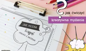 Kolorowe kredki i zeszyt z ćwiczeniami "Jak można ściągnąć jabłko z drzewa?". To inspiracja do rozwijania kreatywne myślenie u dzieci.
