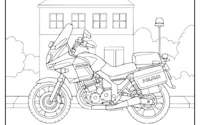 Policyjny motor czeka na pokolorowanie. Ta motor kolorowanka przedstawia motocykl z napisem POLICJA, gotowy do akcji.