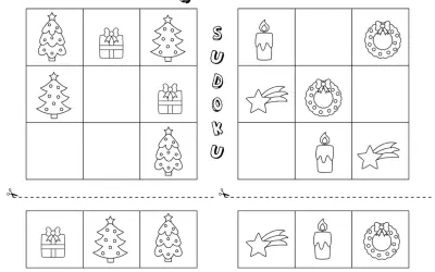 Świąteczne zadania dla dzieci: sudoku z choinkami, prezentami, świecami, gwiazdkami i wiankami.