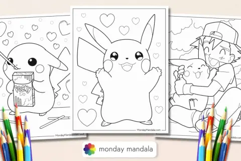 Pikachu kolorowanka: wesoły Pikachu z pudełkiem Pocky, sam Pikachu otoczony serduszkami i Ash przytulający Pikachu.