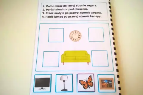 Ćwiczenie na wyobraźnię przestrzenną: umieść obraz, telewizor, motyla i lampę zgodnie z instrukcją.