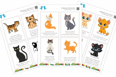 Zabawy dla dzieci: kolorowe kotki z zagadkami. Urocze ilustracje kotów i wierszyki zachęcają do wspólnej zabawy i rozwiązywania łamigłówek.