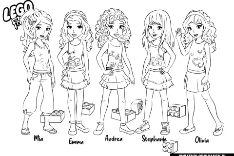 Kolorowanki Lego Friends: Mia, Emma, Andrea, Stephanie i Olivia czekają na Twoje kredki!
