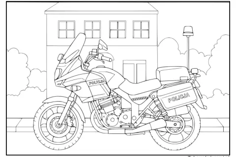 Policyjny motor czeka na pokolorowanie. Ta motor kolorowanka przedstawia motocykl z napisem POLICJA, gotowy do akcji.