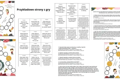 Plansza do gry z pytaniami o bajkach, ucząca asertywności i szacunku do siebie i innych.