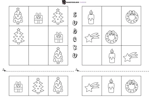 Świąteczne zadania dla dzieci: sudoku z choinkami, prezentami, świecami, gwiazdkami i wiankami.