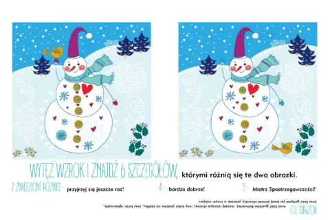 Świąteczne zagadki dla dzieci: znajdź 6 różnic między dwoma obrazkami z bałwankiem.