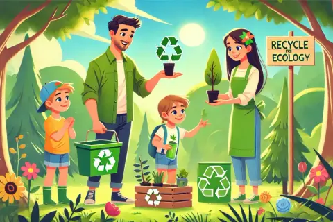 Rodzina sadzi drzewka, ucząc dzieci ekologii i recyklingu.