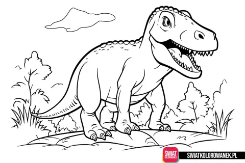 Dinozaur kolorowanka. Uśmiechnięty T-Rex czeka na Twoje kredki, by ożywić prehistoryczny świat.