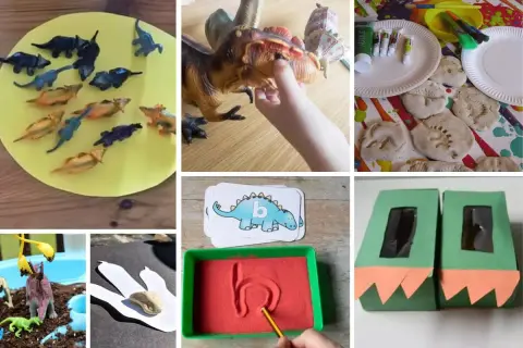 Pomysły na dzień dinozaura: zabawy z figurkami, tworzenie odcisków łap w masie, pisanie liter w piasku, malowanie i tworzenie ozdób.