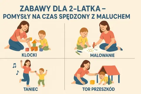 Co robić jak się nudzi? Zabawy dla 2-latka: budowanie z klocków, malowanie, taniec i tor przeszkód.