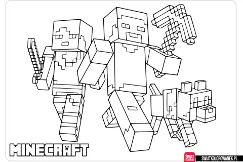 Kolorowanka Minecraft: Steve z mieczem, Alex z kilofem i piesek czekają na Twoje kredki.