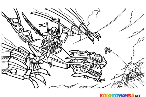 Ninjago kolorowanka: smok z wojownikiem na grzbiecie walczy z przeciwnikami na górze.
