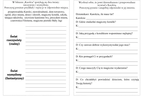 Test z Karolci z odpowiedziami: zadanie rozróżniające świat rzeczywisty i fantastyczny oraz wywiad z bohaterką.