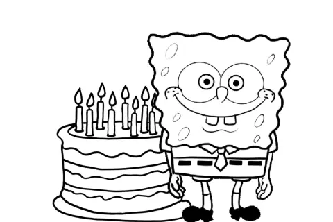 SpongeBob z uśmiechem przy wielowarstwowym torcie z zapalonymi świeczkami. To tort kolorowanka, idealny do ozdobienia!