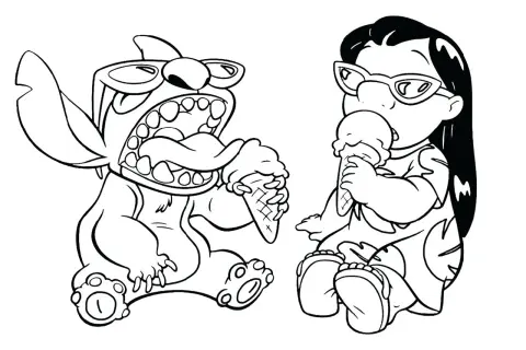 Lilo i Stich kolorowanka: Stich z lodami w wafelku i Lilo w okularach jedząca lody.