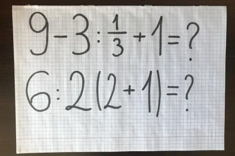 Dwa trudne zadania matematyczne na kartce w kratkę: 9-3:1/3+1=? i 6:2(2+1)=?