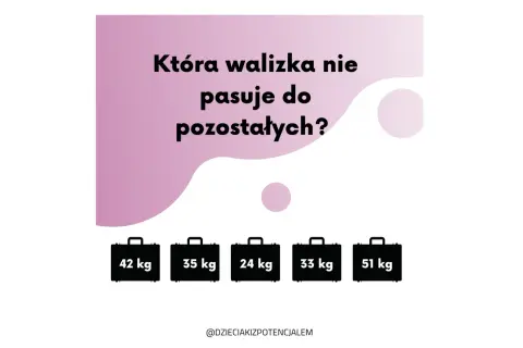 Śmieszne zagadki: Która walizka nie pasuje do pozostałych? Pięć walizek o różnej wadze: 42 kg, 35 kg, 24 kg, 33 kg, 51 kg.