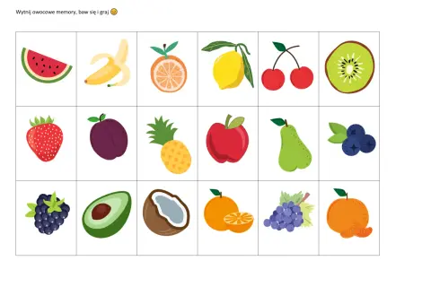 Kolorowe karty do gry memory z owocami: arbuz, banan, pomarańcza, cytryna, wiśnie, kiwi, truskawka, śliwka, ananas, jabłko, gruszka, borówki, jeżyna, awokado, kokos, mandarynka, winogrona.