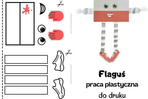 Dzień flagi praca plastyczna: wycinanka z elementami do stworzenia ludzika z polskiej flagi.