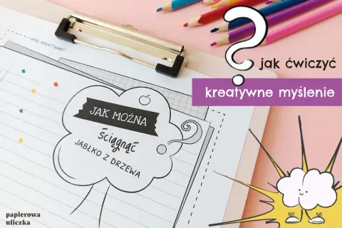 Kolorowe kredki i zeszyt z ćwiczeniami "Jak można ściągnąć jabłko z drzewa?". To inspiracja do rozwijania kreatywne myślenie u dzieci.