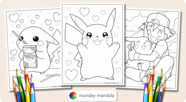 Pikachu kolorowanka: wesoły Pikachu z pudełkiem Pocky, sam Pikachu otoczony serduszkami i Ash przytulający Pikachu.