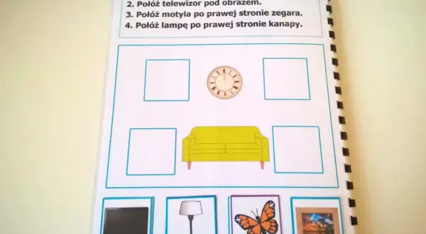 Ćwiczenie na wyobraźnię przestrzenną: umieść obraz, telewizor, motyla i lampę zgodnie z instrukcją.