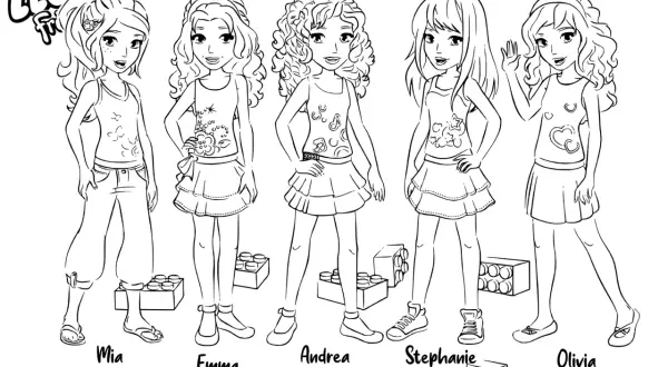 Kolorowanki Lego Friends: Mia, Emma, Andrea, Stephanie i Olivia czekają na Twoje kredki!