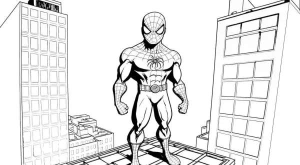 Gotowa do pokolorowania kolorowanka spiderman na dachu wieżowca, czeka na Twoją kreatywność!